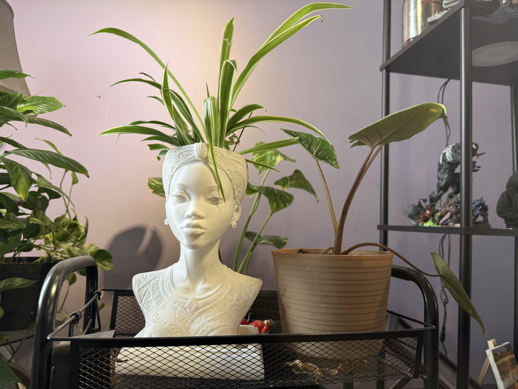 White Afrocentric Woman Bust Planter with Drainage & Tray - African Goddess Head Pot