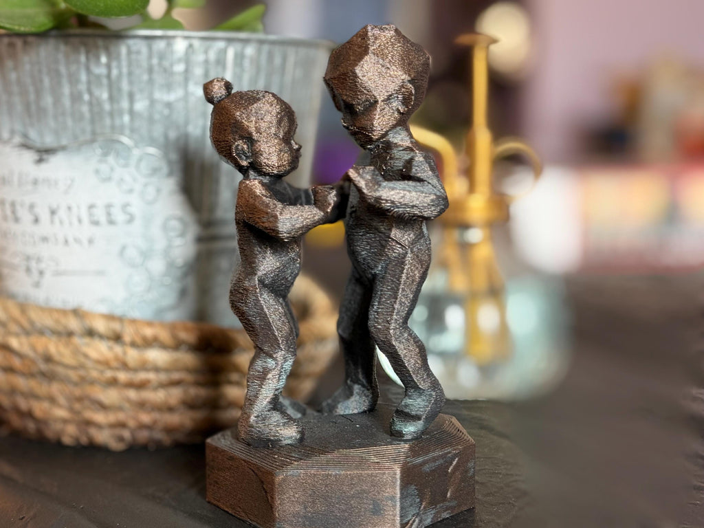 3D Printed Brother Sister Dancing Figurine: Hand-Painted Antique Finish, Low Poly Design