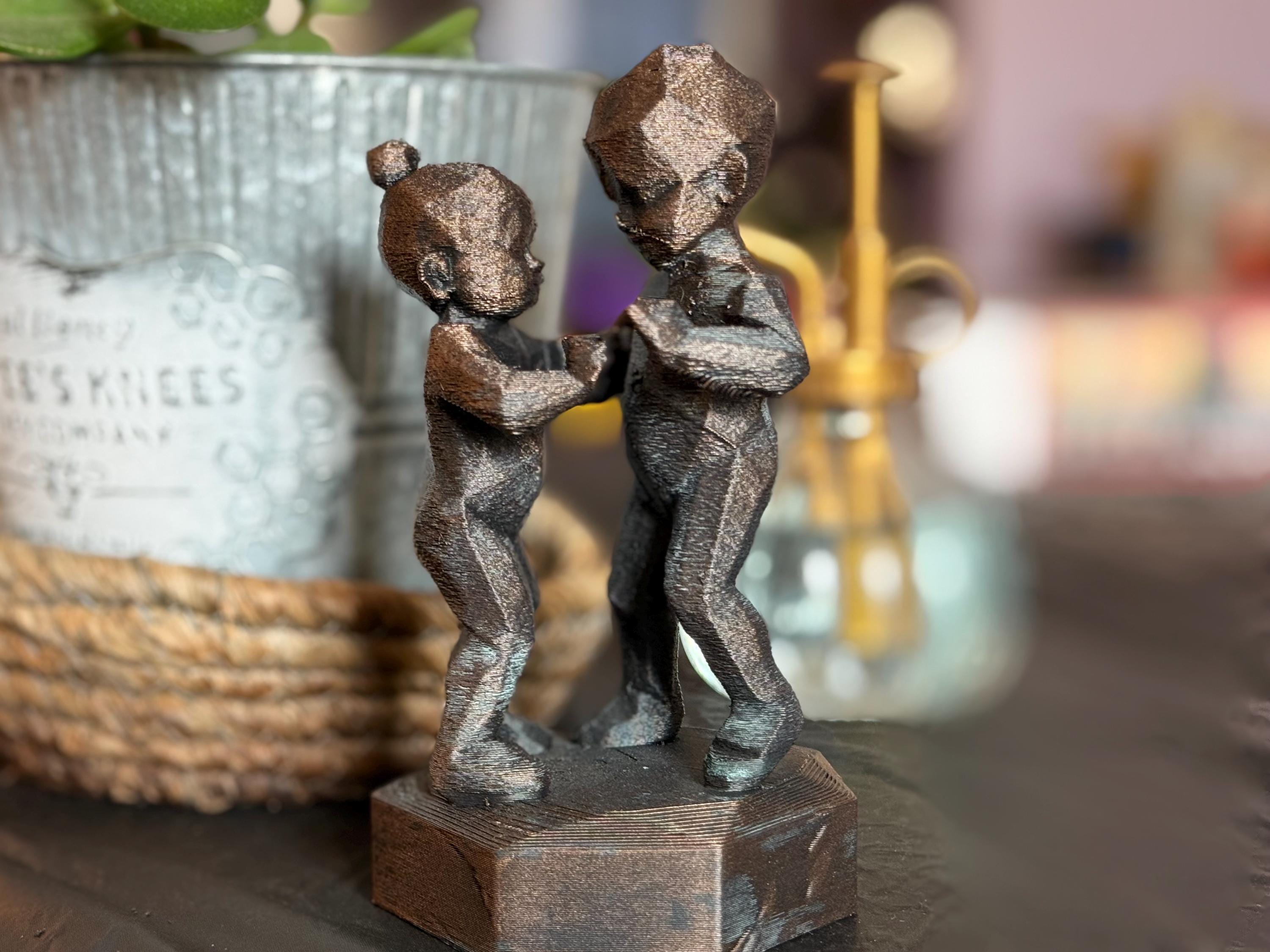 3D Printed Brother Sister Dancing Figurine: Hand-Painted Antique Finish, Low Poly Design