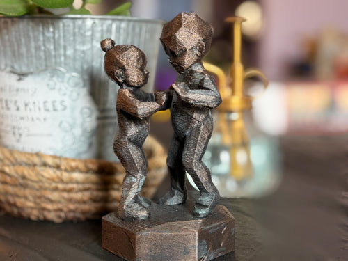 3D Printed Brother Sister Dancing Figurine: Hand-Painted Antique Finish, Low Poly Design