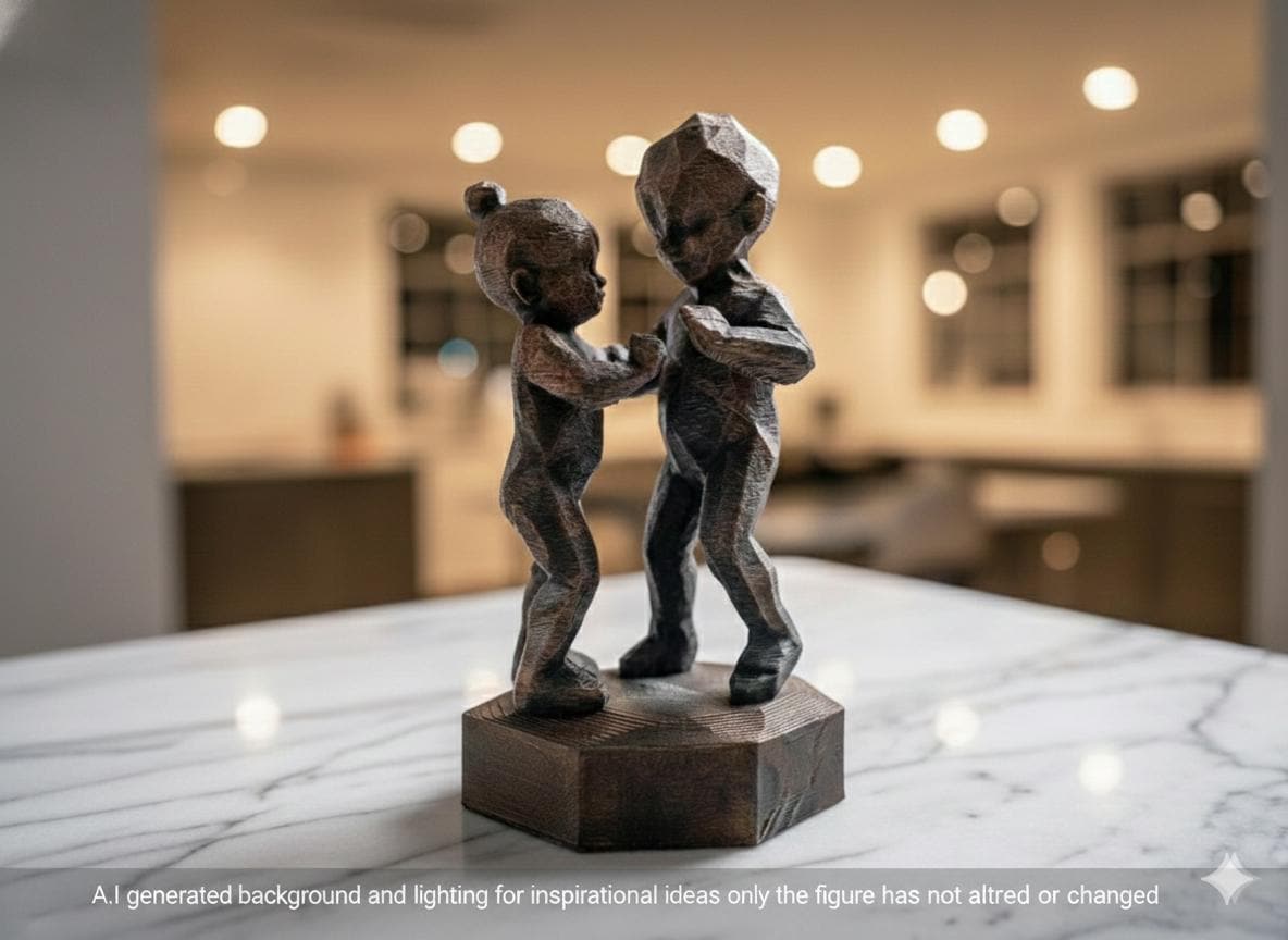 3D Printed Brother Sister Dancing Figurine: Hand-Painted Antique Finish, Low Poly Design