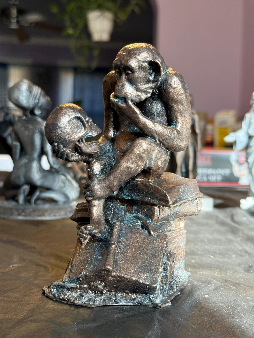 Ape Contemplating Skull Statue, Hand-Painted Bronze Resin Art, Academic Desk Decor