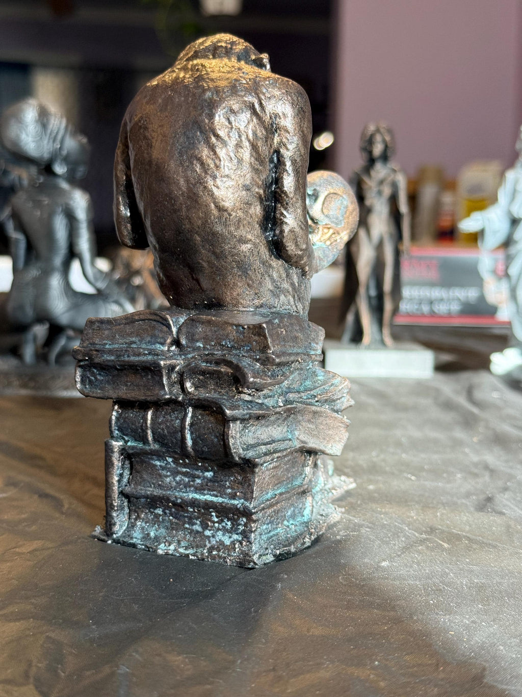 Ape Contemplating Skull Statue, Hand-Painted Bronze Resin Art, Academic Desk Decor