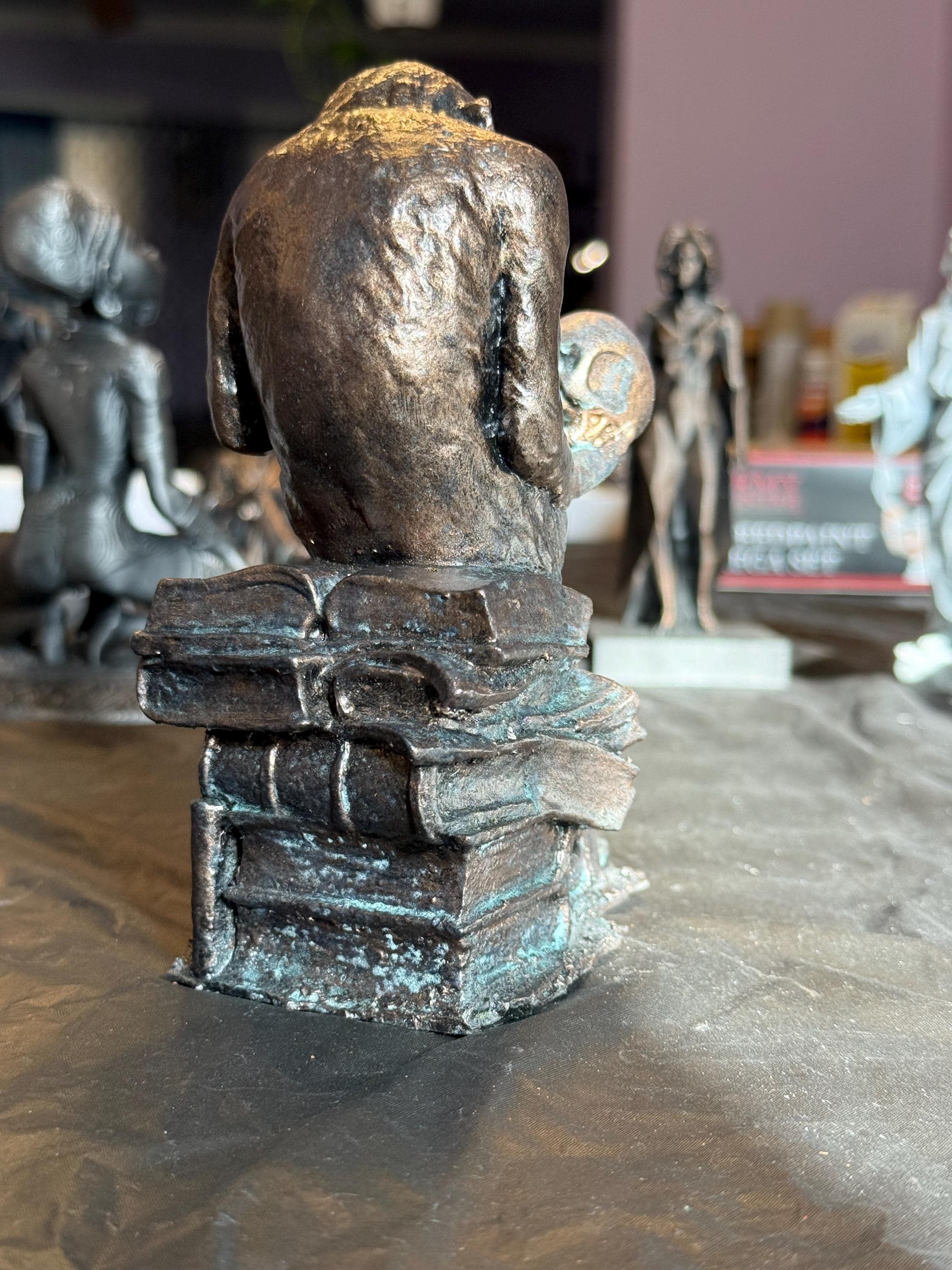 Ape Contemplating Skull Statue, Hand-Painted Bronze Resin Art, Academic Desk Decor
