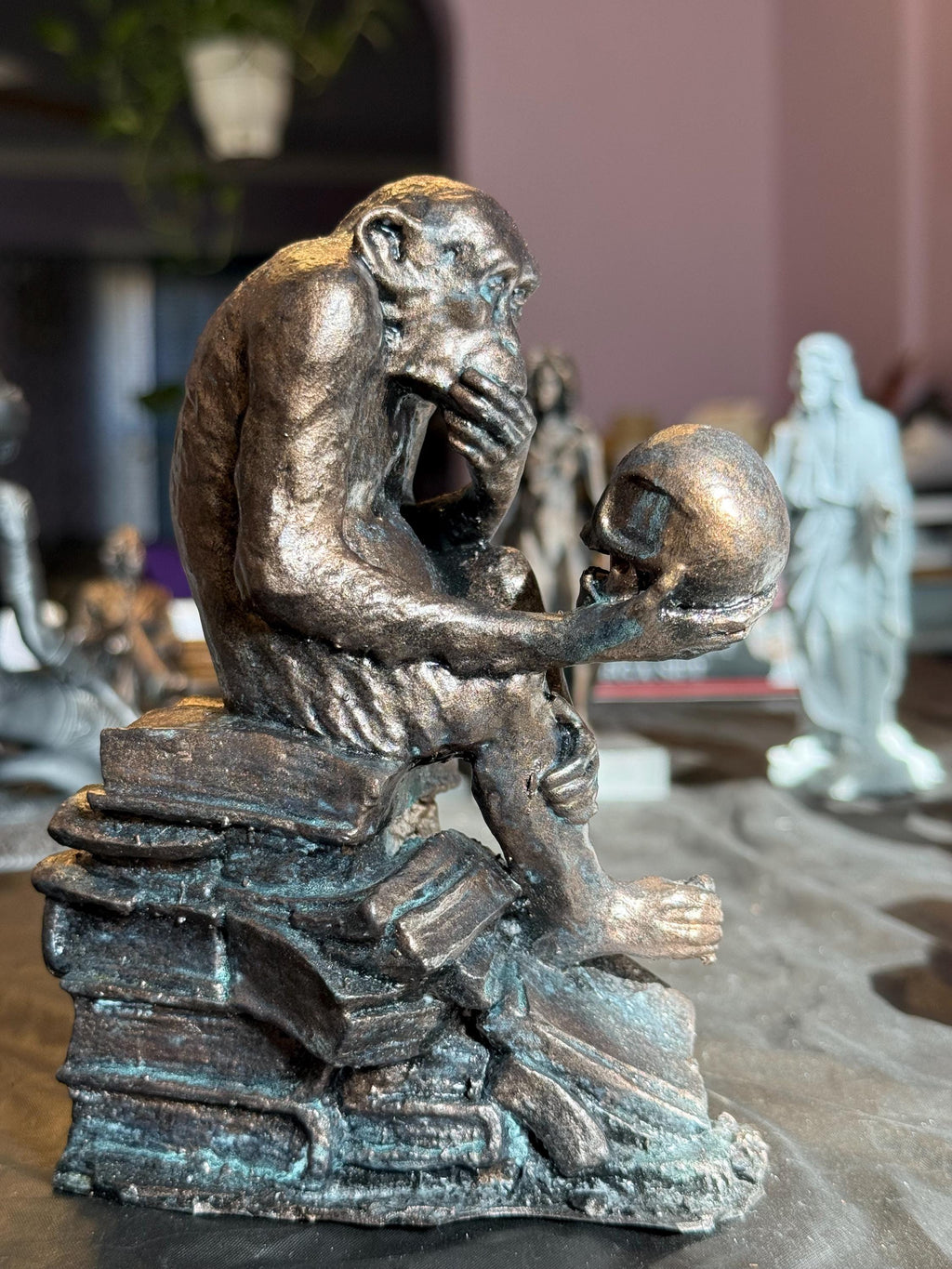 Ape Contemplating Skull Statue, Hand-Painted Bronze Resin Art, Academic Desk Decor
