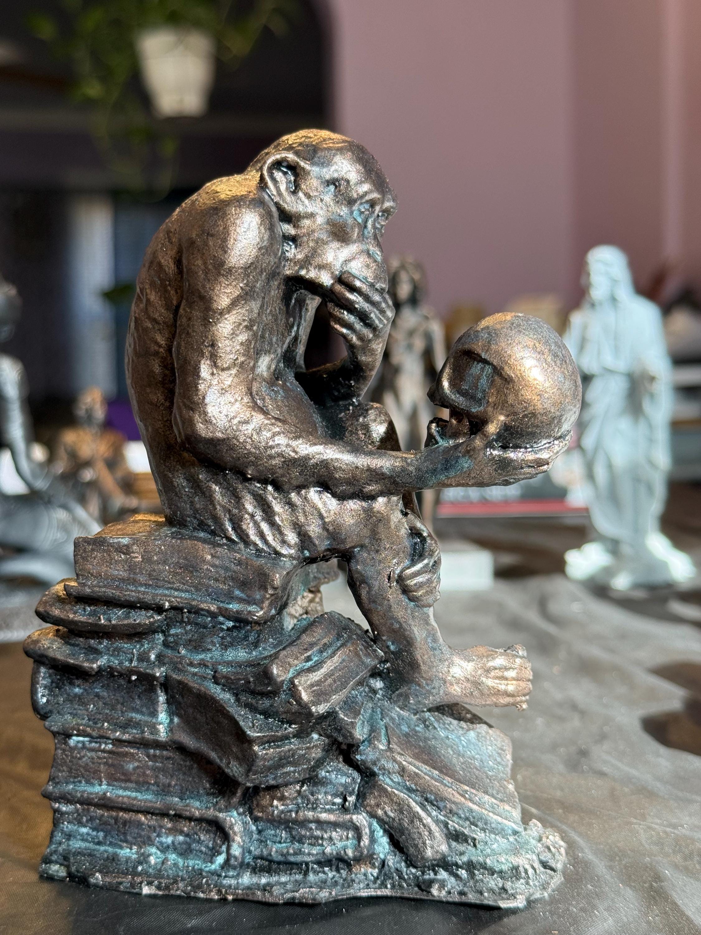 Ape Contemplating Skull Statue, Hand-Painted Bronze Resin Art, Academic Desk Decor