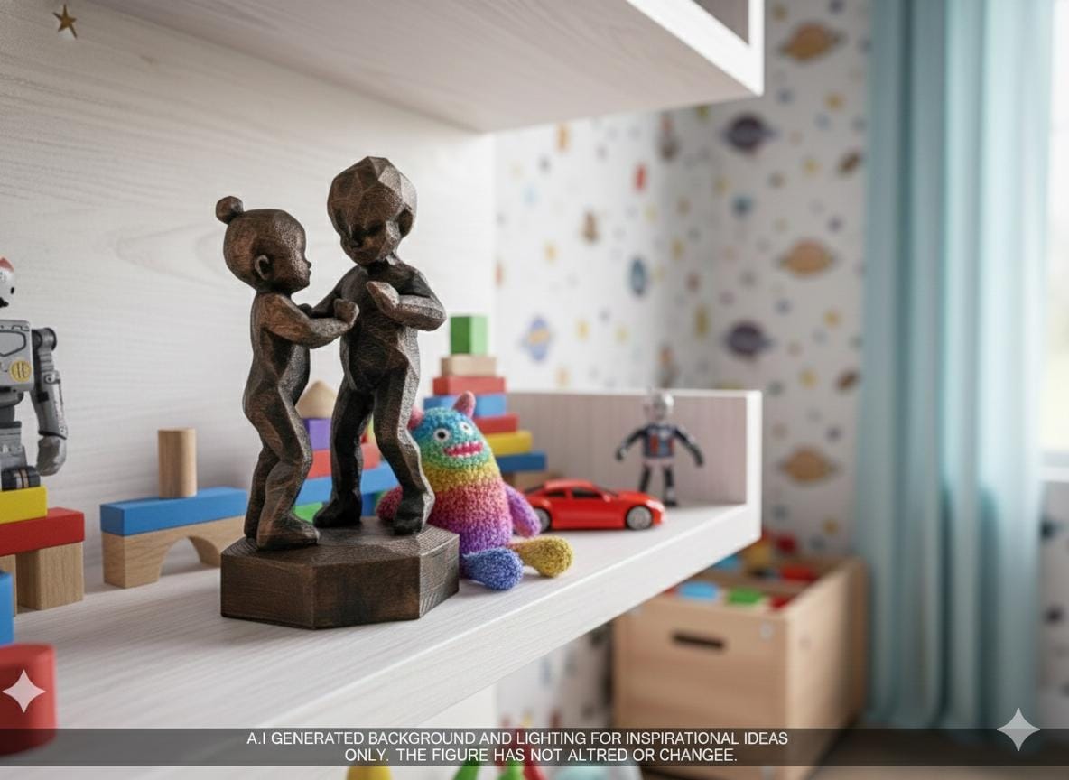 3D Printed Brother Sister Dancing Figurine: Hand-Painted Antique Finish, Low Poly Design