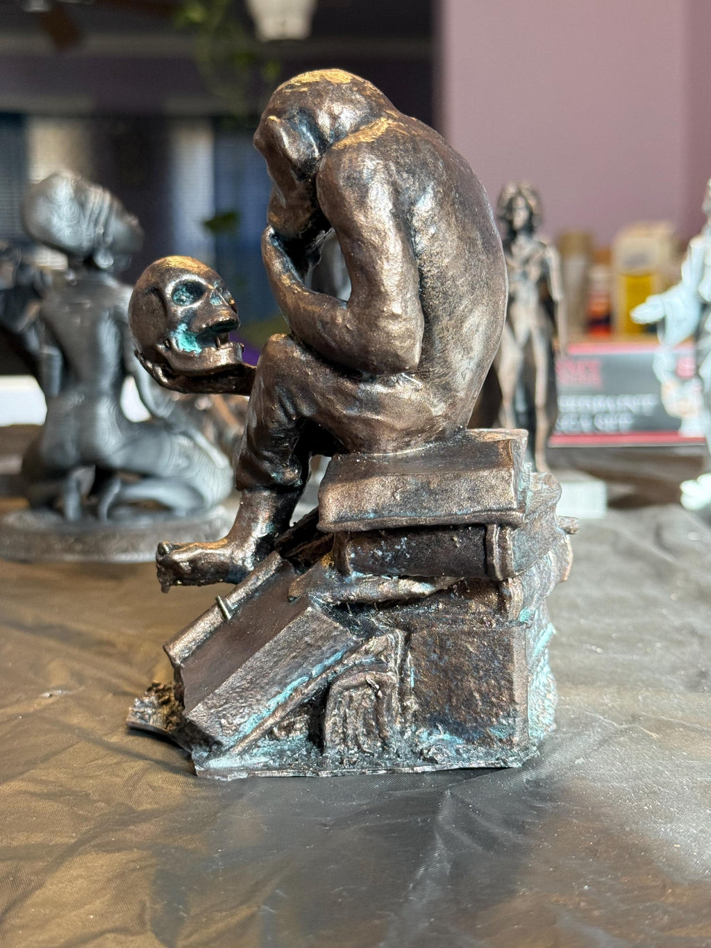 Ape Contemplating Skull Statue, Hand-Painted Bronze Resin Art, Academic Desk Decor