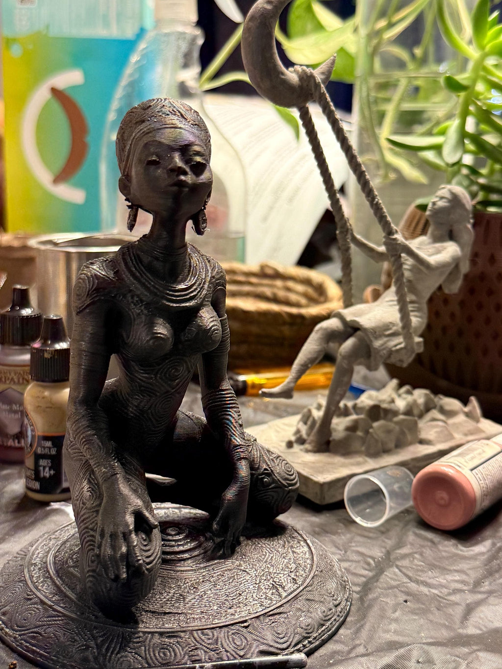 Metallic Black Afrocentric Figurine, Modern Sci-Fi African Goddess, Unique 3D Printed Home Decor