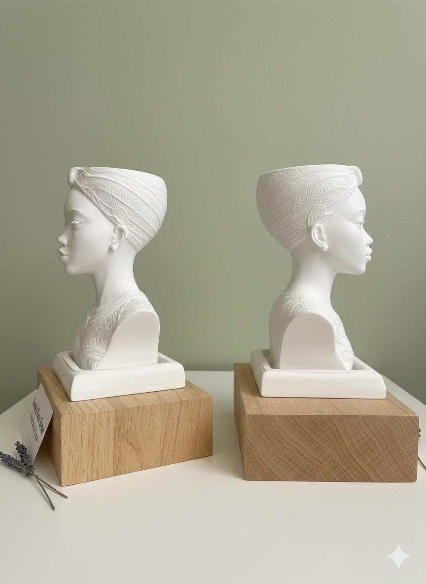 White Afrocentric Woman Bust Planter with Drainage & Tray - African Goddess Head Pot