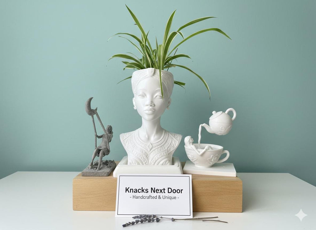 White Afrocentric Woman Bust Planter with Drainage & Tray - African Goddess Head Pot