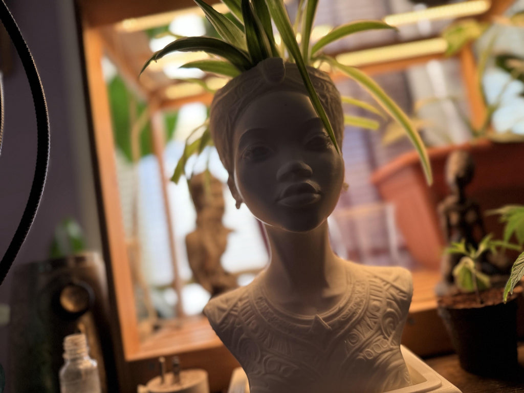 White Afrocentric Woman Bust Planter with Drainage & Tray - African Goddess Head Pot