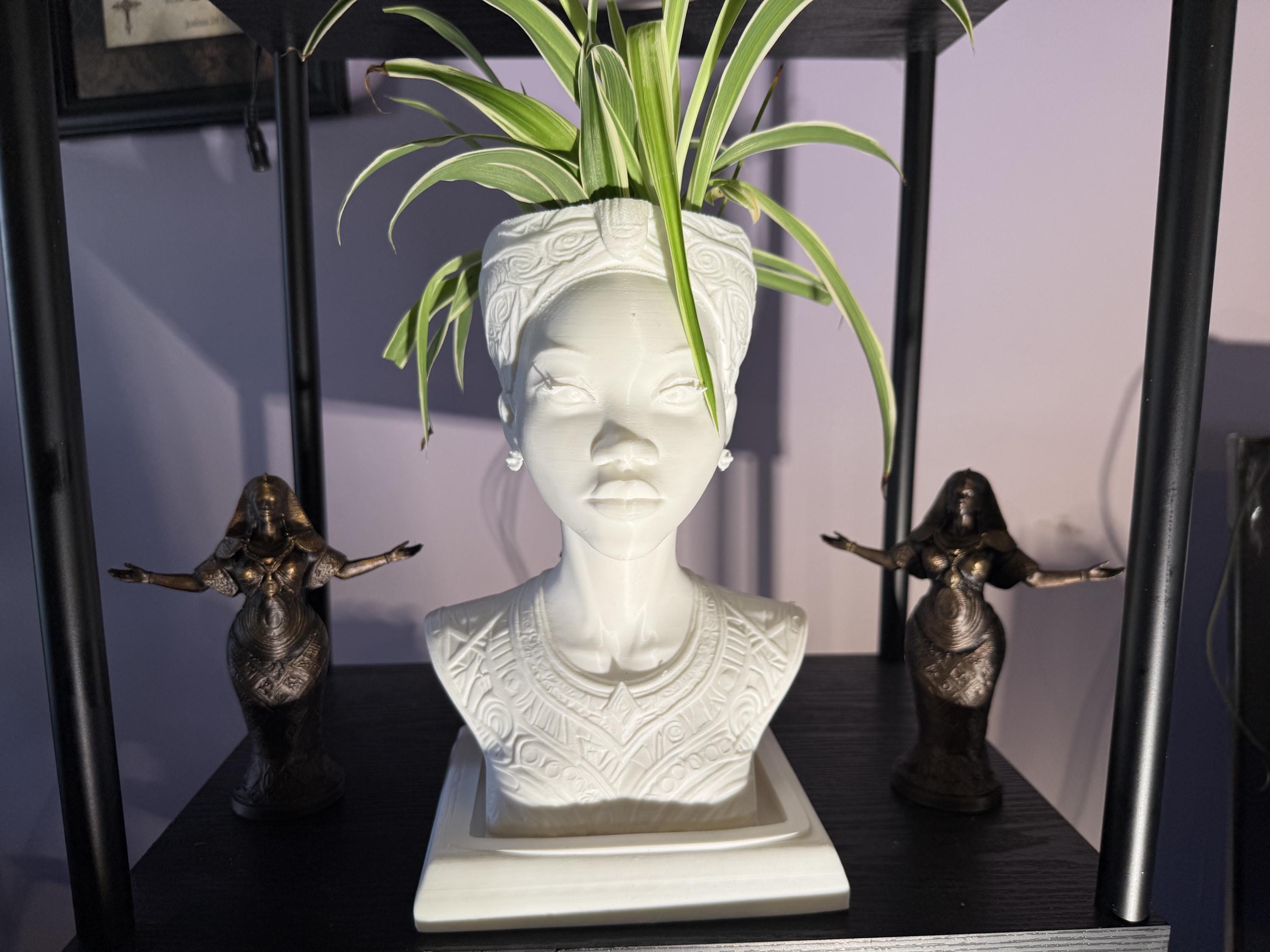 White Afrocentric Woman Bust Planter with Drainage & Tray - African Goddess Head Pot