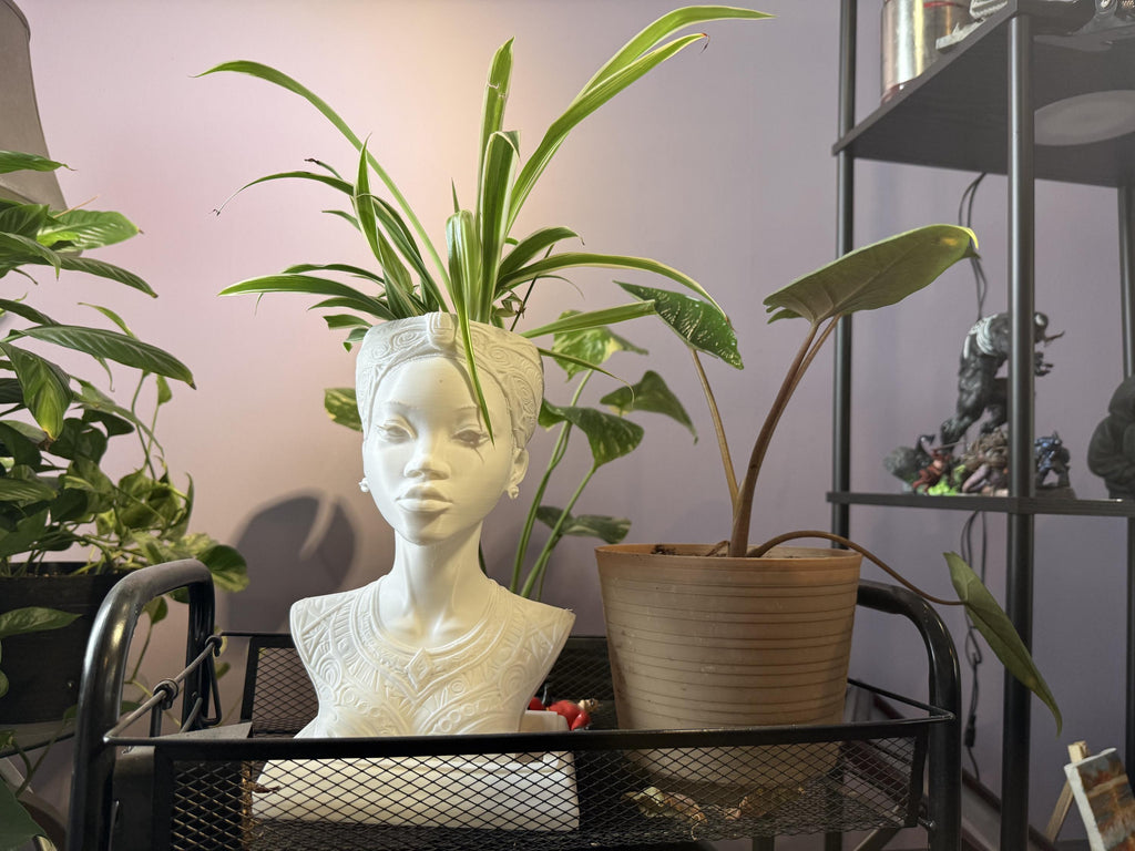 White Afrocentric Woman Bust Planter with Drainage & Tray - African Goddess Head Pot