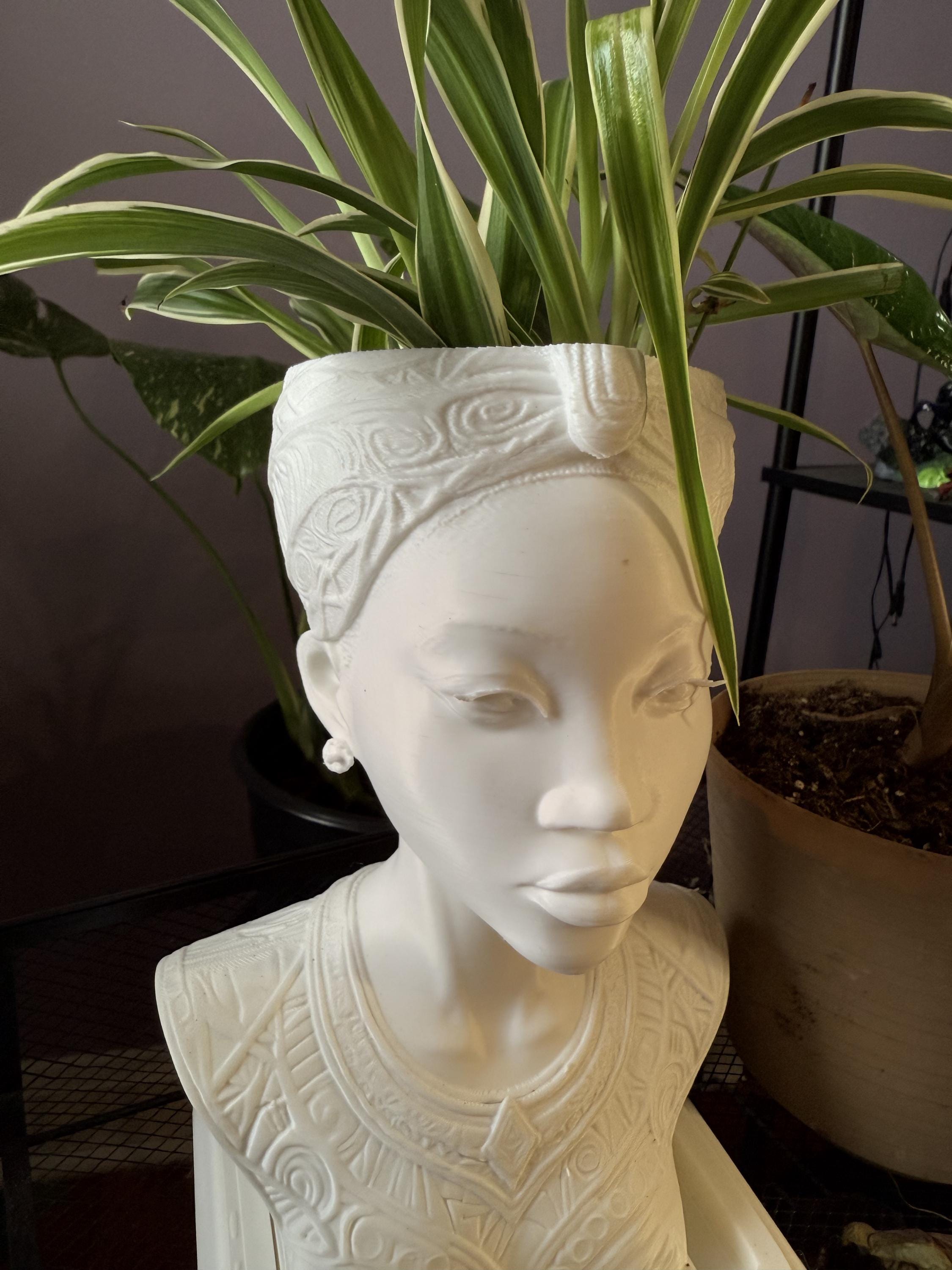 White Afrocentric Woman Bust Planter with Drainage & Tray - African Goddess Head Pot