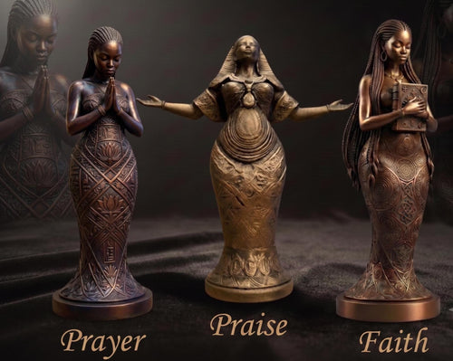 3 Piece African Woman Statue Set Faux Bronze Figurine Spiritual Home Accent