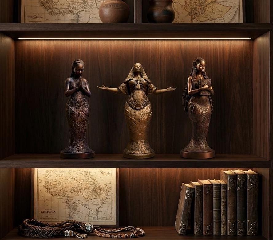 3 Piece African Woman Statue Set Faux Bronze Figurine Spiritual Home Accent