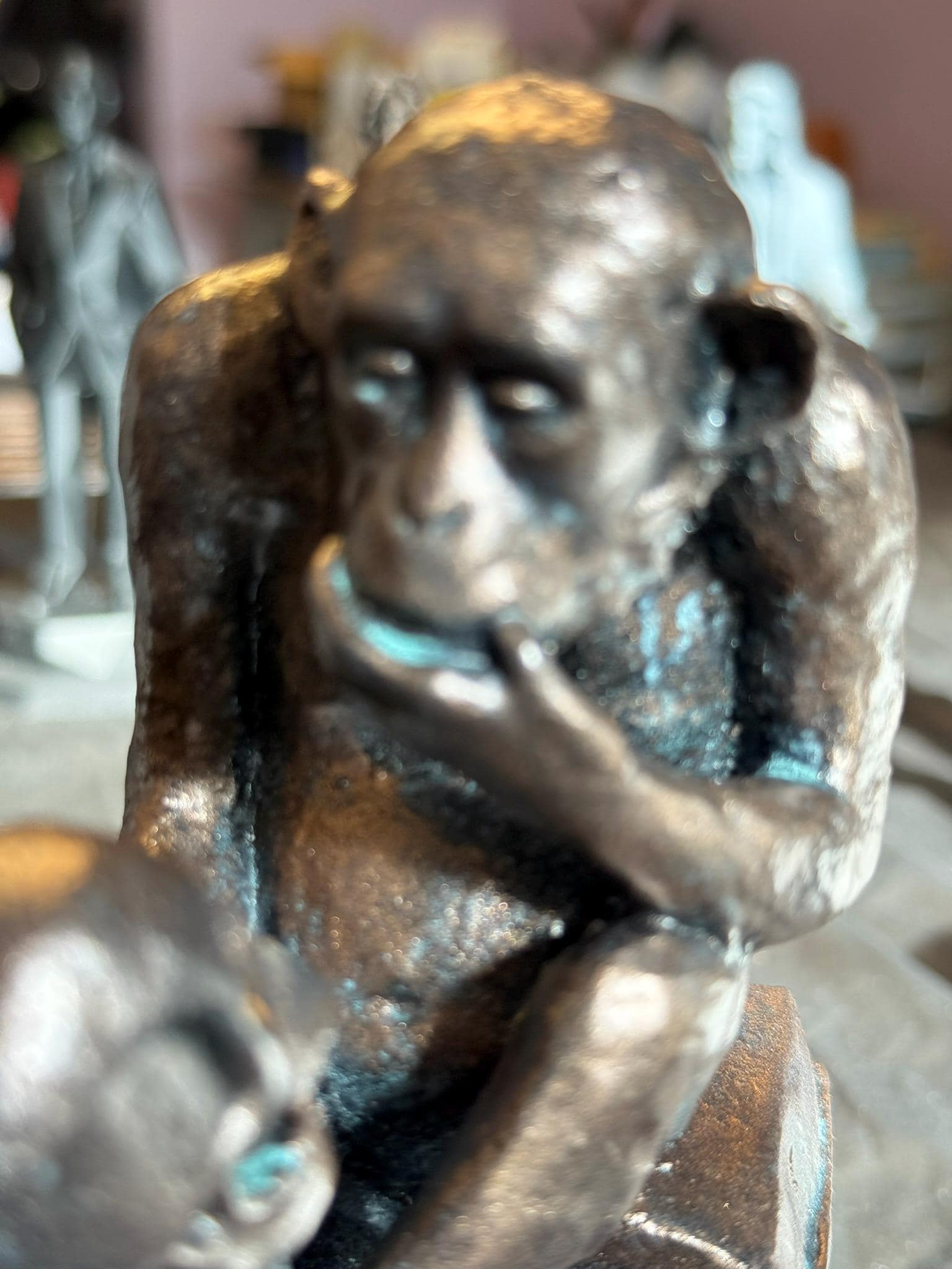 Ape Contemplating Skull Statue, Hand-Painted Bronze Resin Art, Academic Desk Decor
