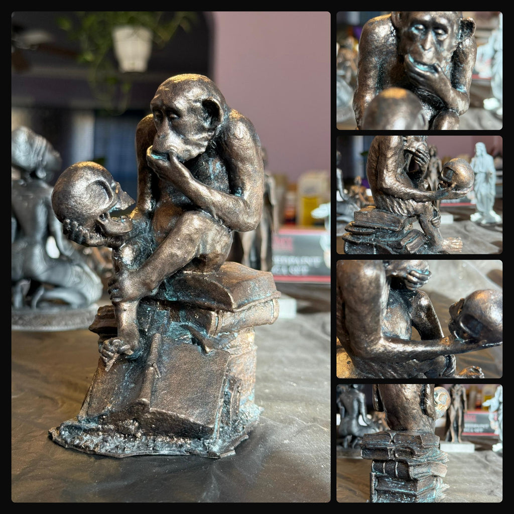 Ape Contemplating Skull Statue, Hand-Painted Bronze Resin Art, Academic Desk Decor
